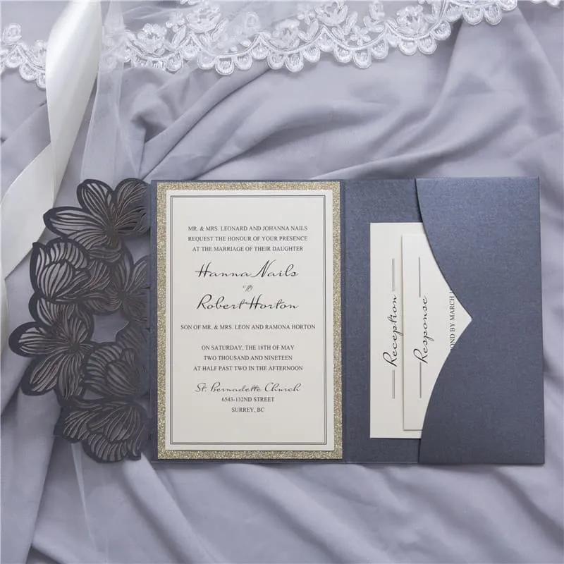 White Laser Cut Wrap with Ribbon Wedding Invitation