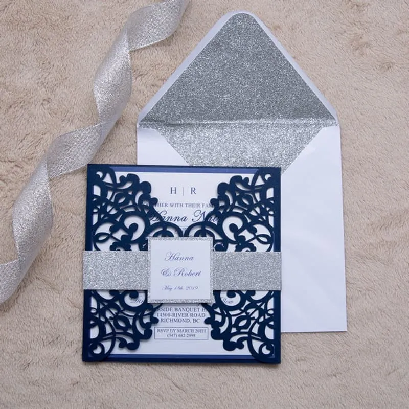 CL-PF-57 M-M Gold Heart Diamond Drop Laser Cut Wedding Invitation
