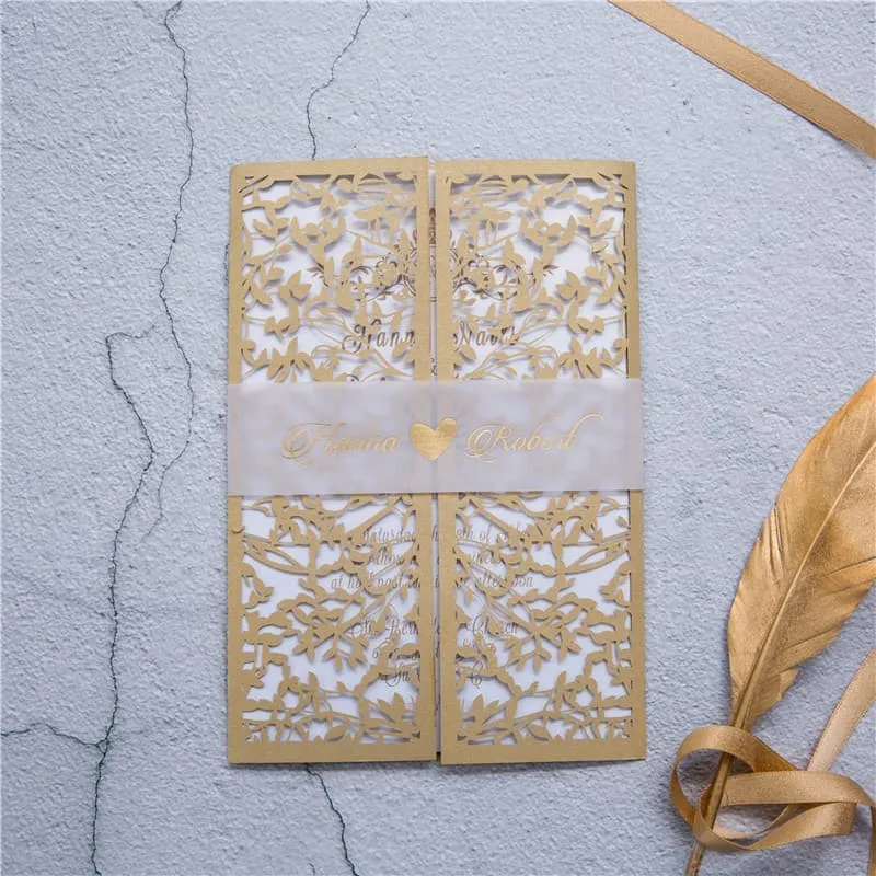 CL-SLIDER-57 N-M White Flowers, Lace Trims Laser Cut Wedding Invitation