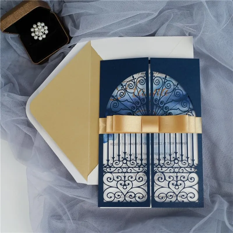 CL-WRAP-57 M-M Gold Flowers and Butterfly Wrap Laser Cut Wedding Invitation