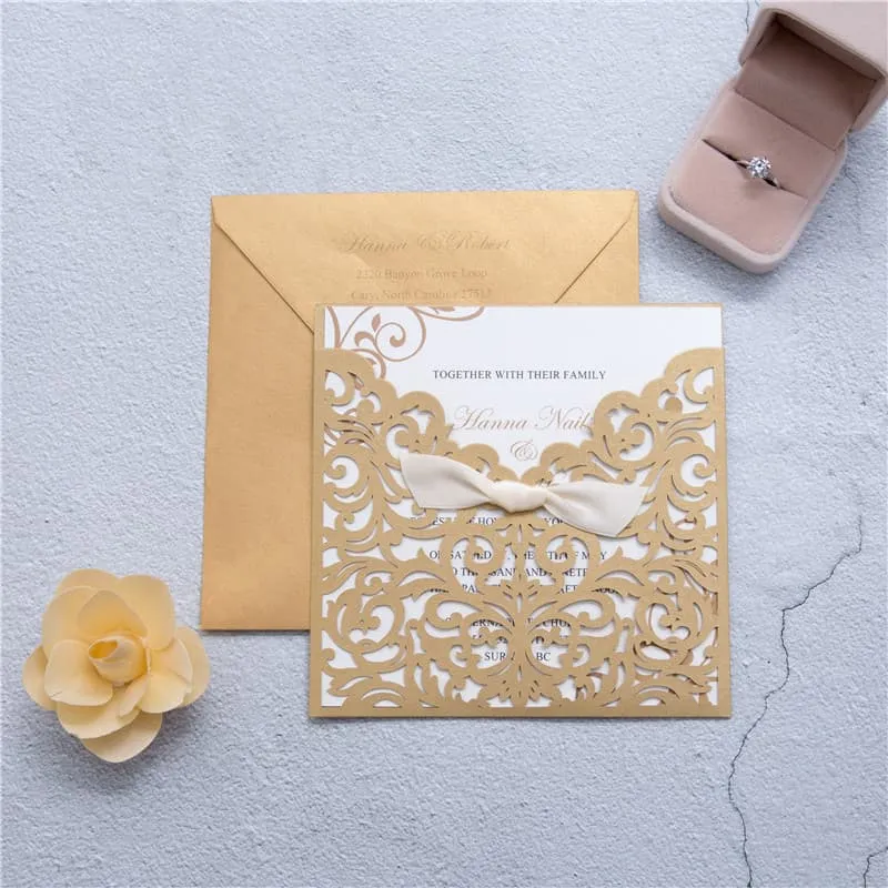 CL-WRAP-57 M-N White Flourish Wrap with Ribbon Laser Cut Wedding Invitation