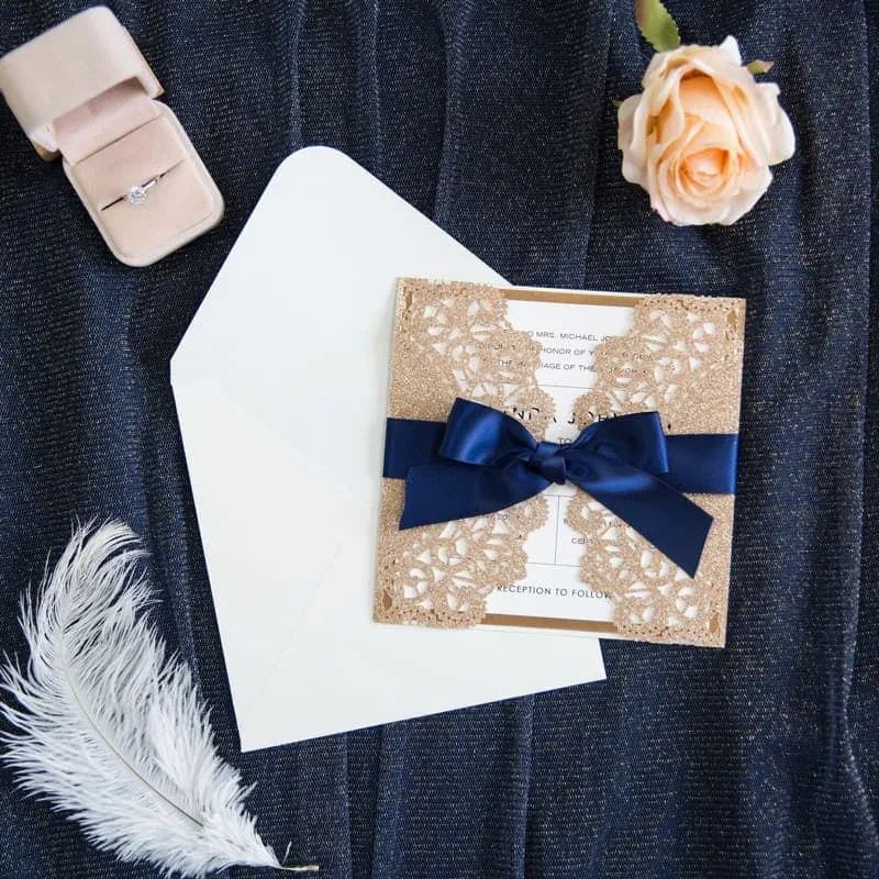 CL-WRAP-66 M-N White Brush Leaves Wrap Laser Cut Wedding Invitation
