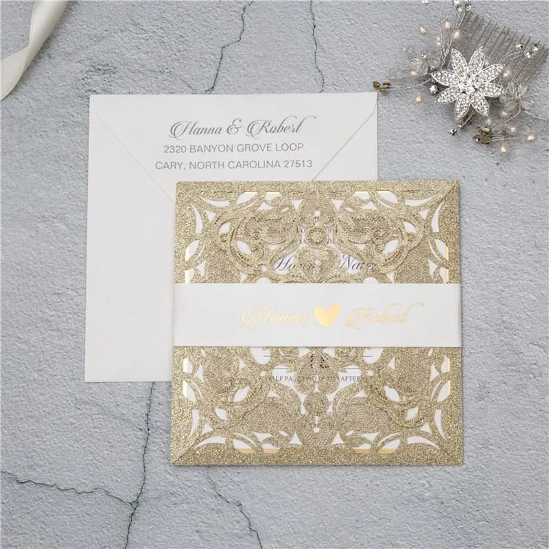 Navy Floral Wrap Laser Cut Wedding Invitation