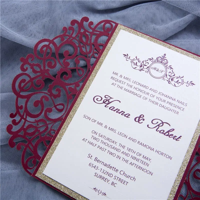 Glittery Rose Tri-Fold Laser Cut Pocket Wedding Invitation