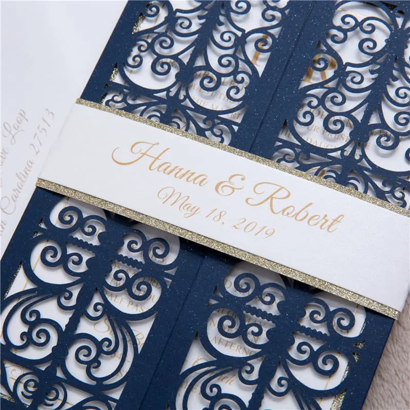 Gold Floral Diamond Drop Laser Cut Wedding Invitation
