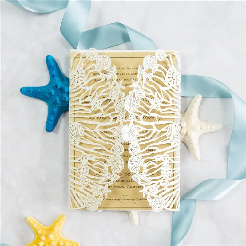 Gold Floral Foil Laser Cut Wrap Wedding Invitation