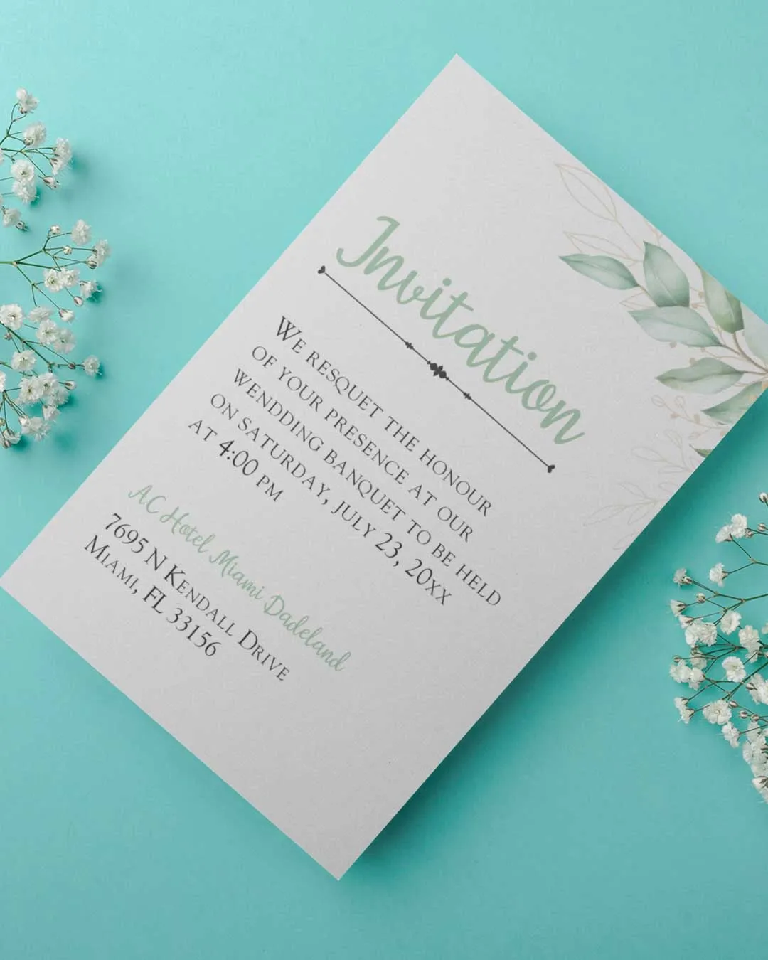 Soft Leaf Border Simple Flat 5x7 Wedding Invitation