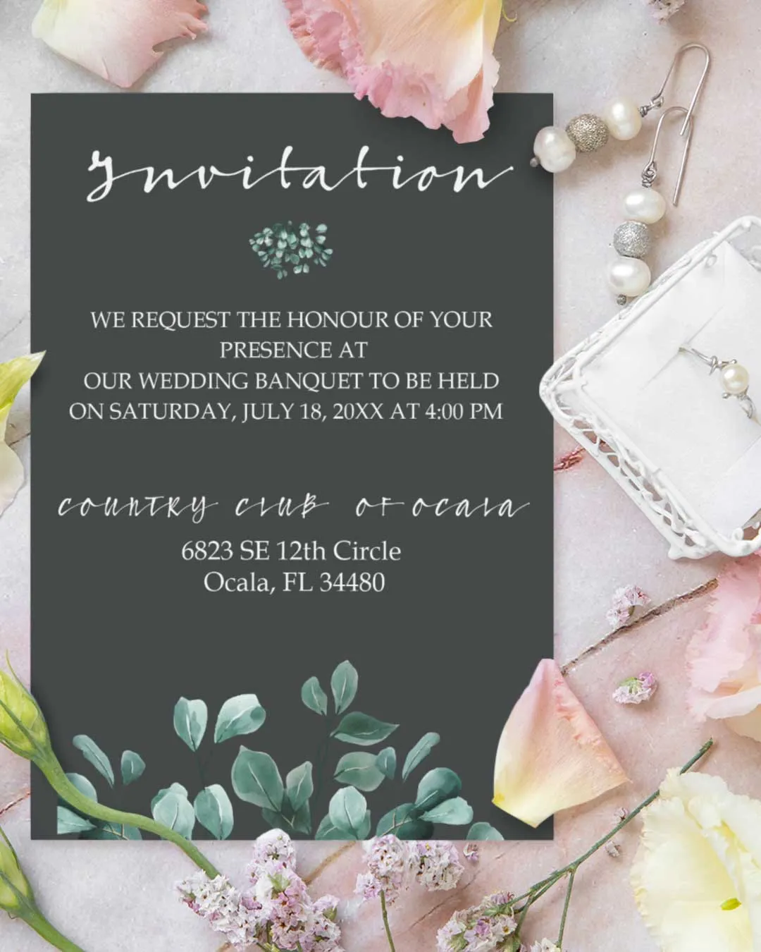 Elegant Green Leaves Simple Flat 5x7 Wedding Invitation