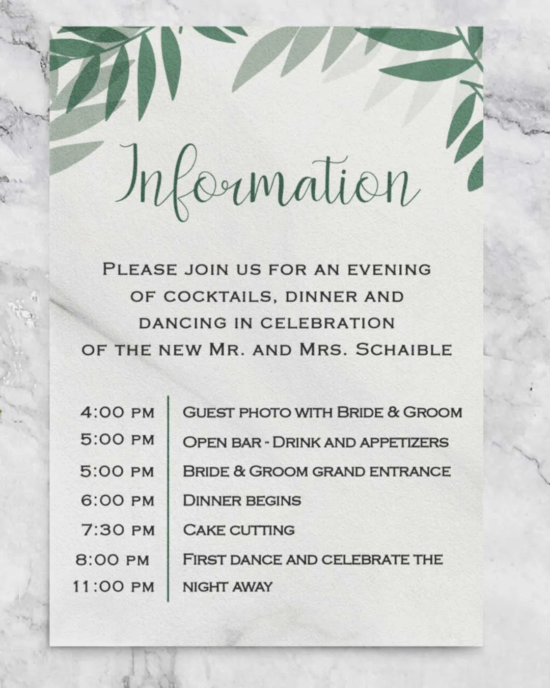 Green Tropical Leaves Simple Flat 5x7 Wedding Invitation