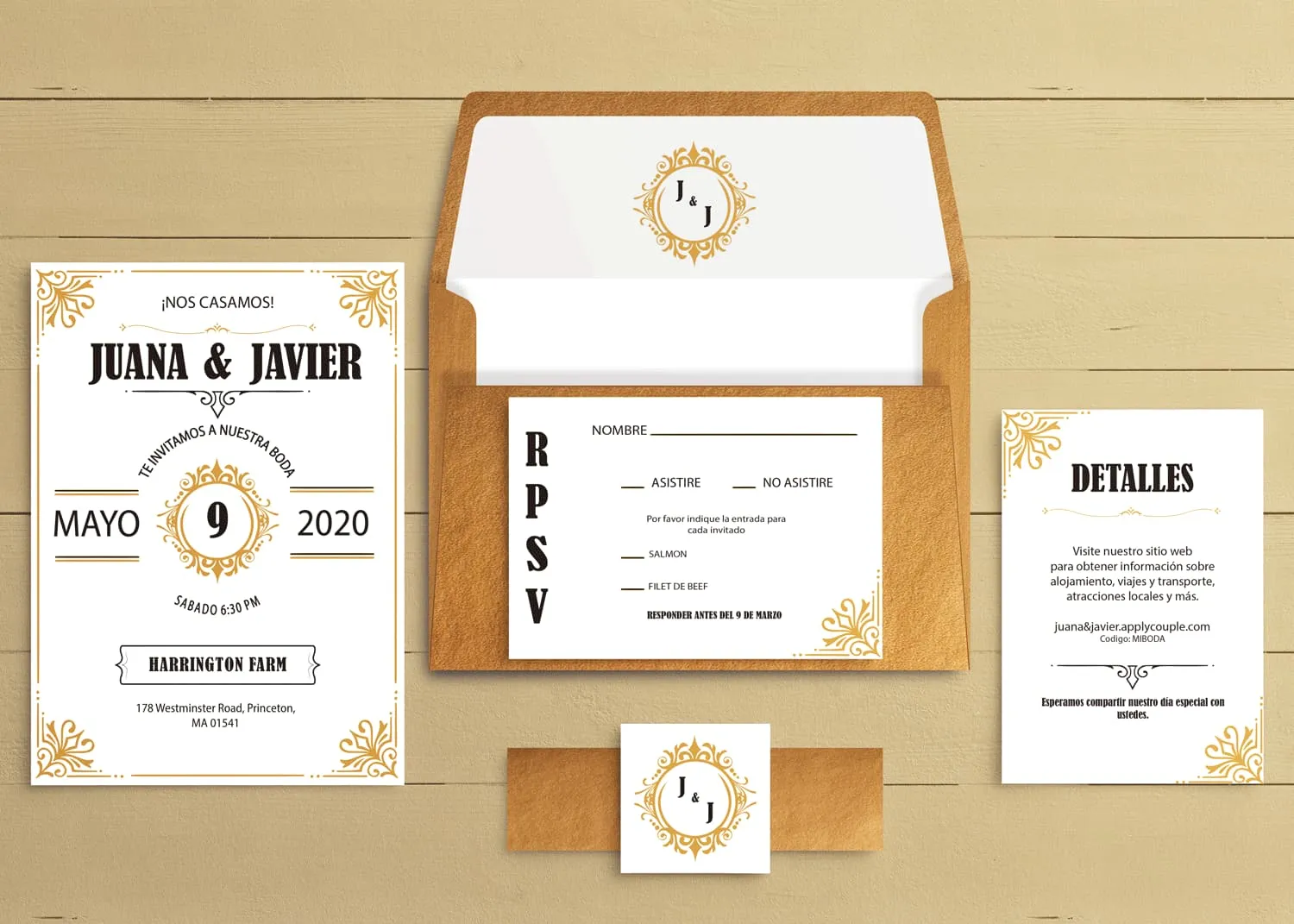Classic Gold Spanish & English Elegant Wedding Invitation
