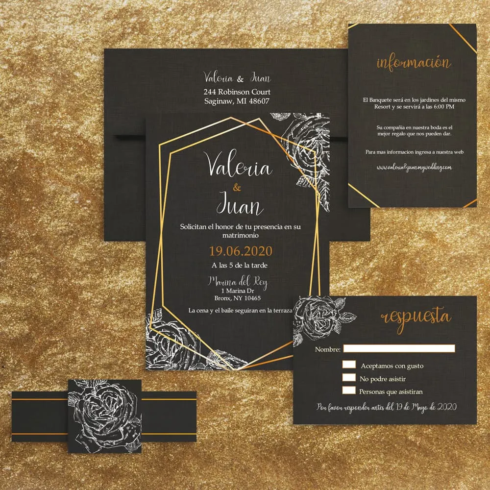 Gold Geometric and White Floral Spanish & English Elegant Wedding Invitation