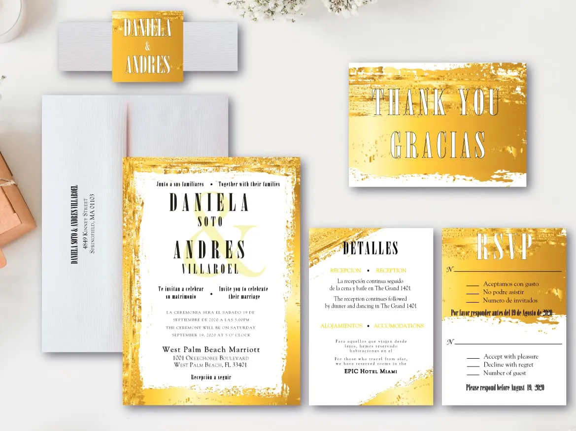 Golden Brush Strokes Spanish & English Elegant Wedding Invitation