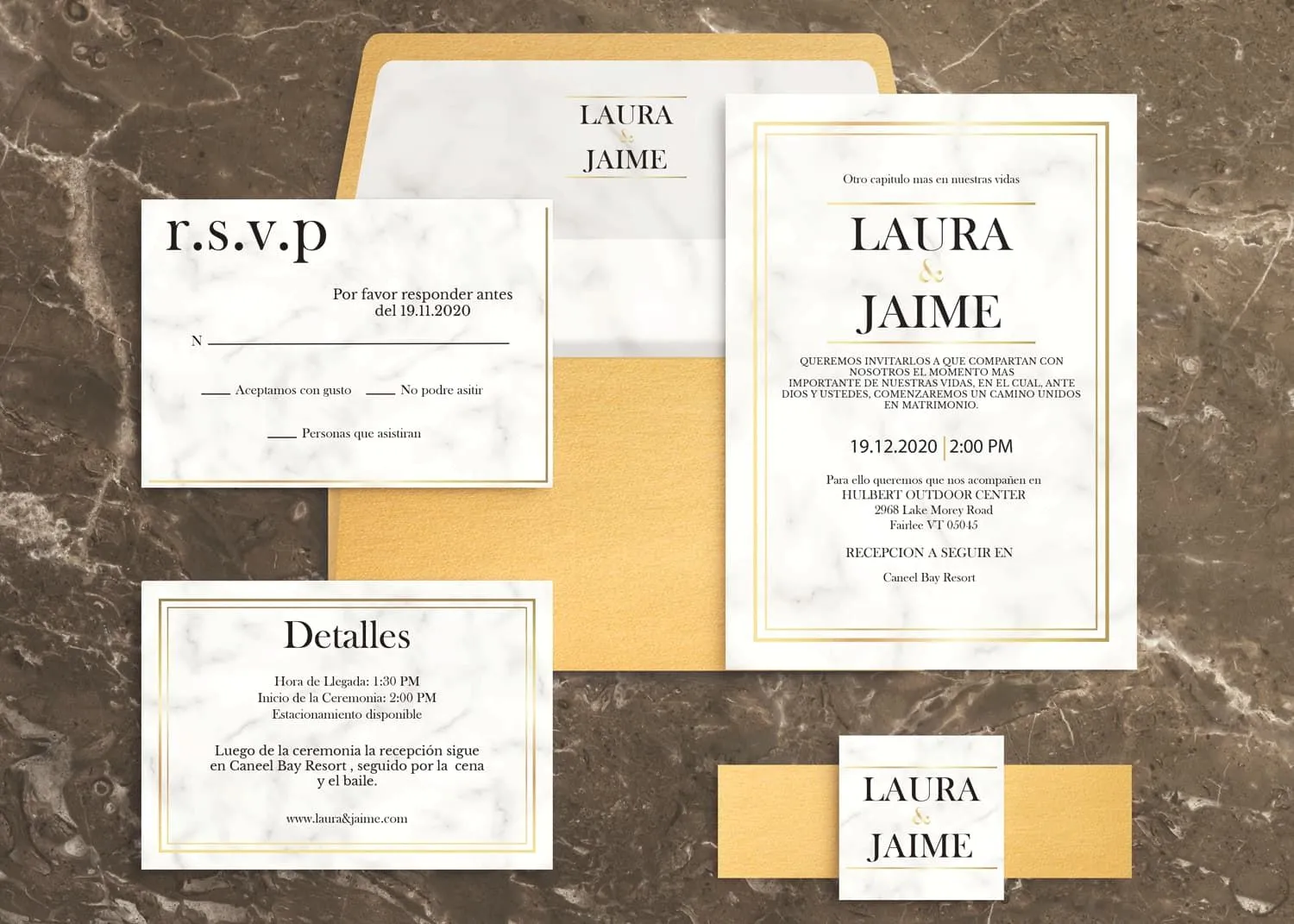 Marble with Double Gold Border Spanish & English Elegant Wedding Invitation