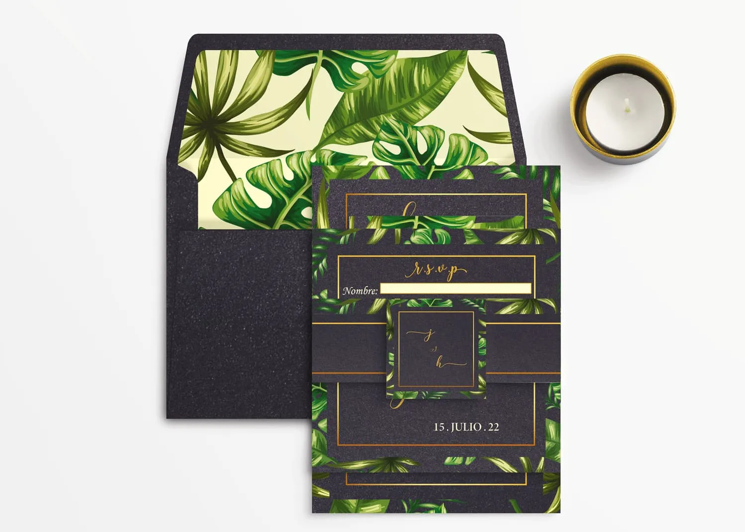 Monstera Leaf with Gold Border Spanish & English Elegant Wedding Invitation