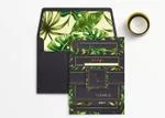 Monstera Leaf with Gold Border Spanish & English Elegant Wedding Invitation