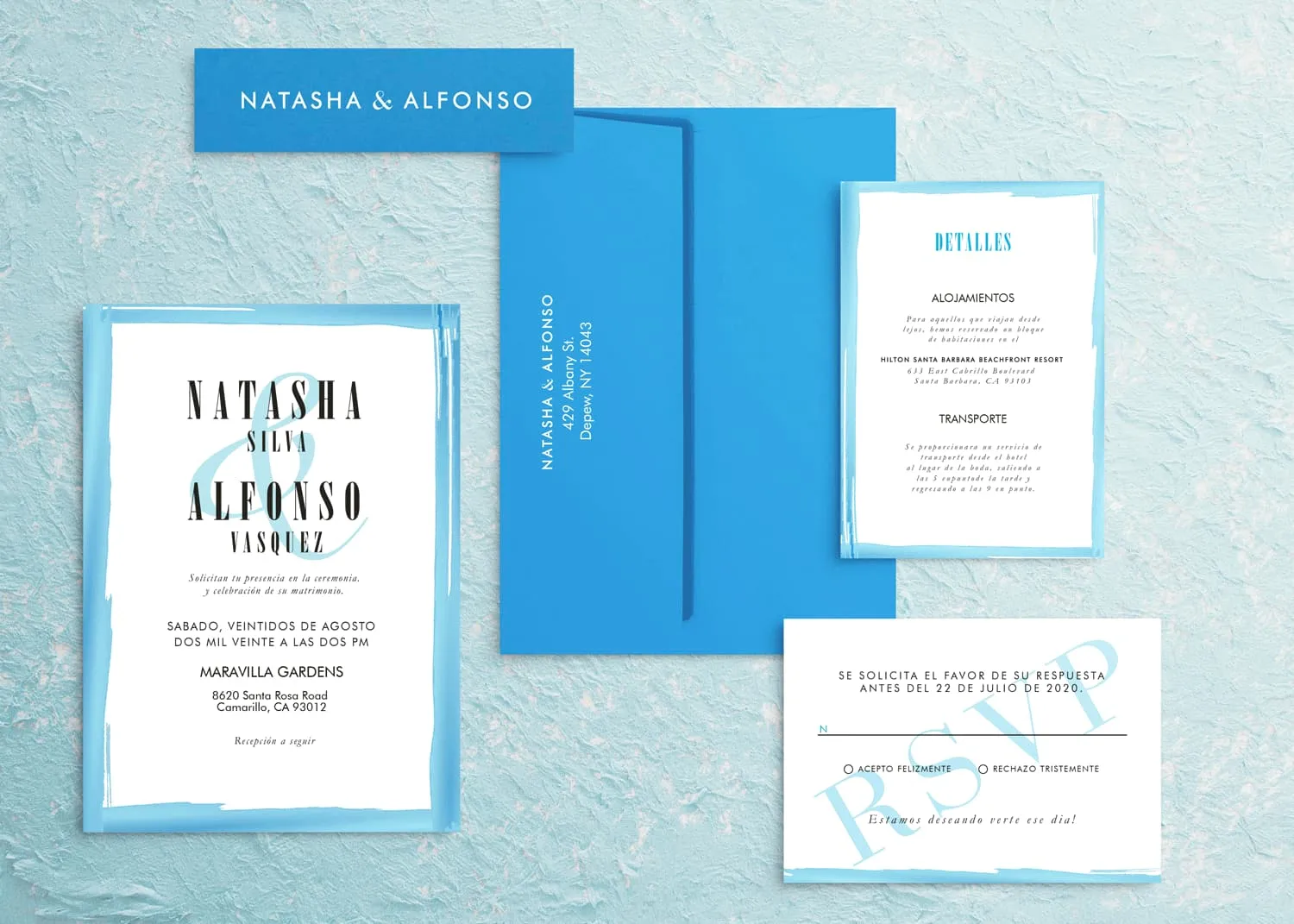 Painted Blue Border Spanish & English Elegant Wedding Invitation