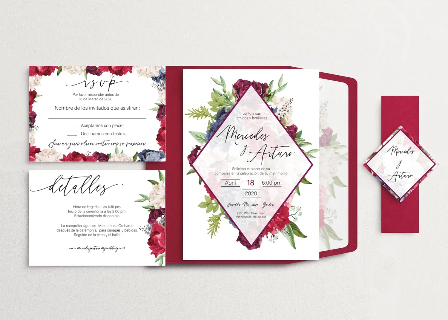 Red Diamond Spanish & English Elegant Wedding Invitation
