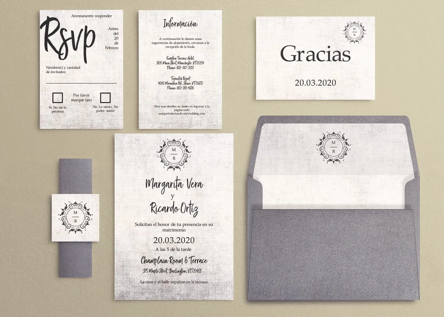 Rustic Silver Spanish & English Elegant Wedding Invitation