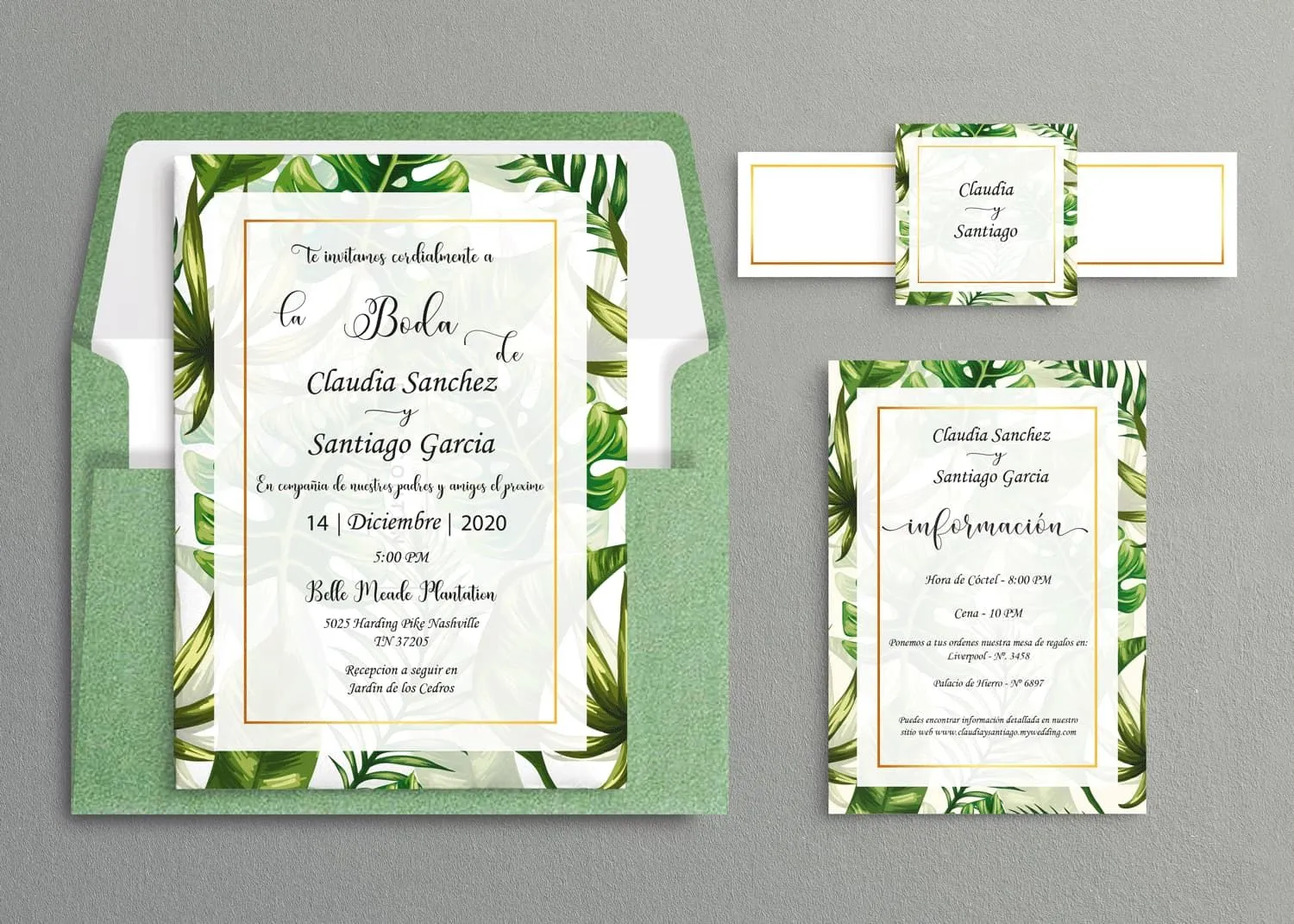 Tropical Calligraphy Spanish & English Elegant Wedding Invitation