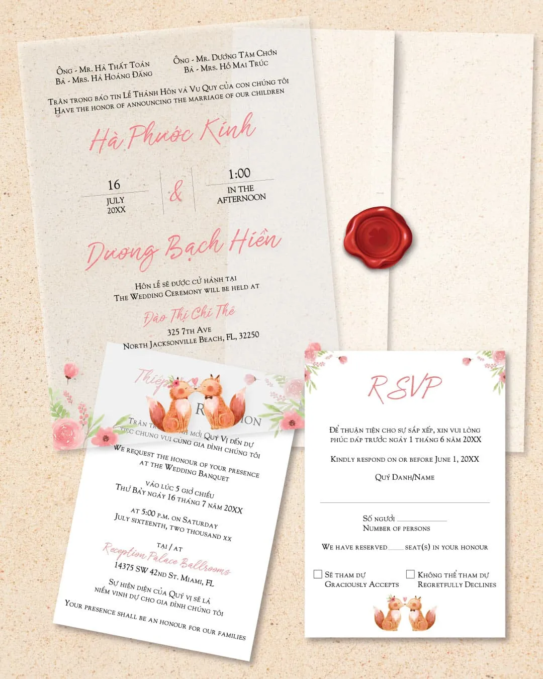 Animal and Floral Invitation Vellum Wrapped Vietnamese & English Wedding Invitation