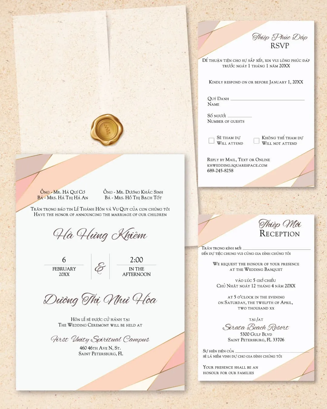 Pastel Colors Invitation Vellum Wrapped Vietnamese & English Wedding Invitation