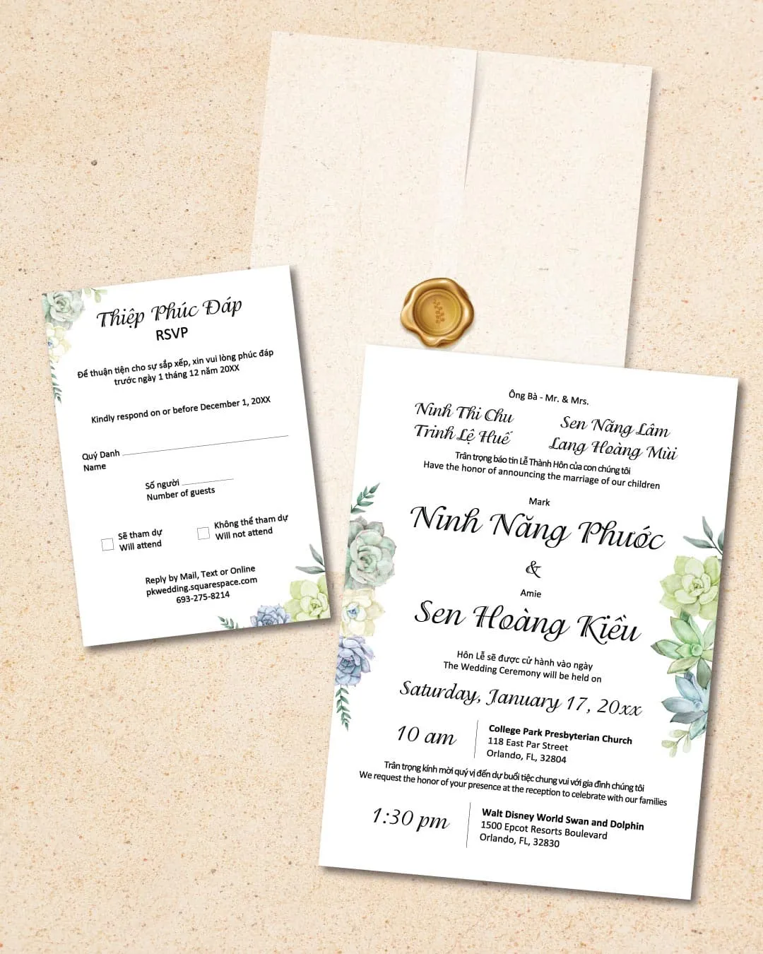 Beautiful Succulents Vellum Wrapped Vietnamese & English Wedding Invitation