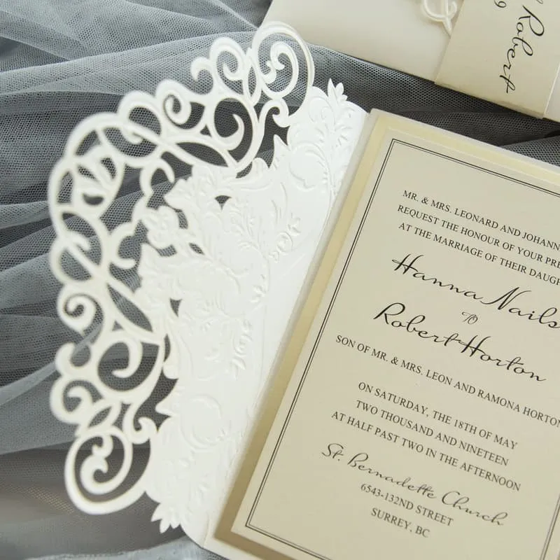 Gold Heart Flourish Pocket Laser Cut Vietnamese & English Wedding Invitation