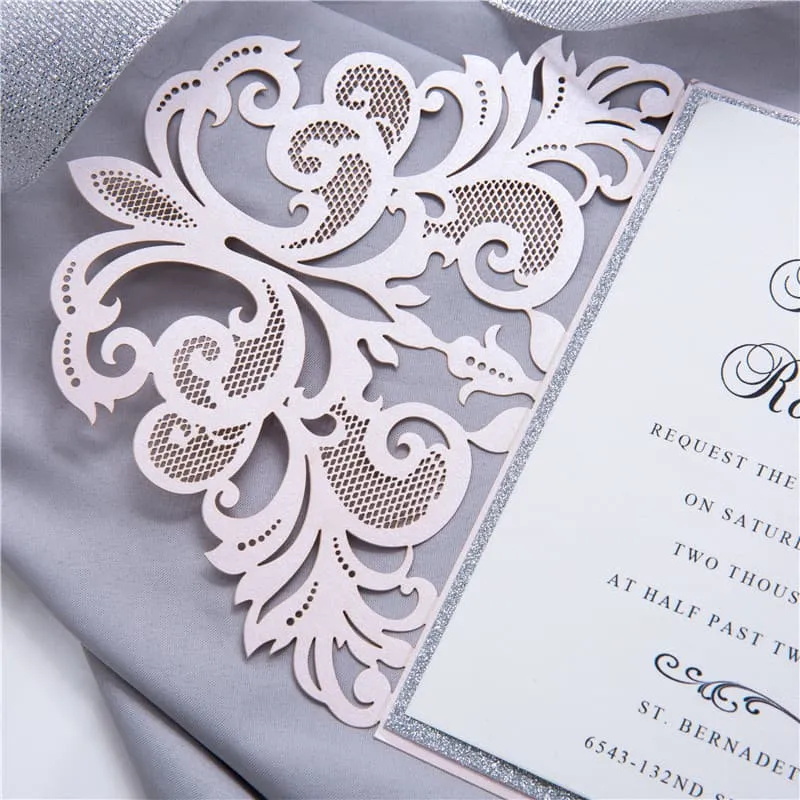 Silver Lace Glittery Laser Cut Wrap Wedding Invitation