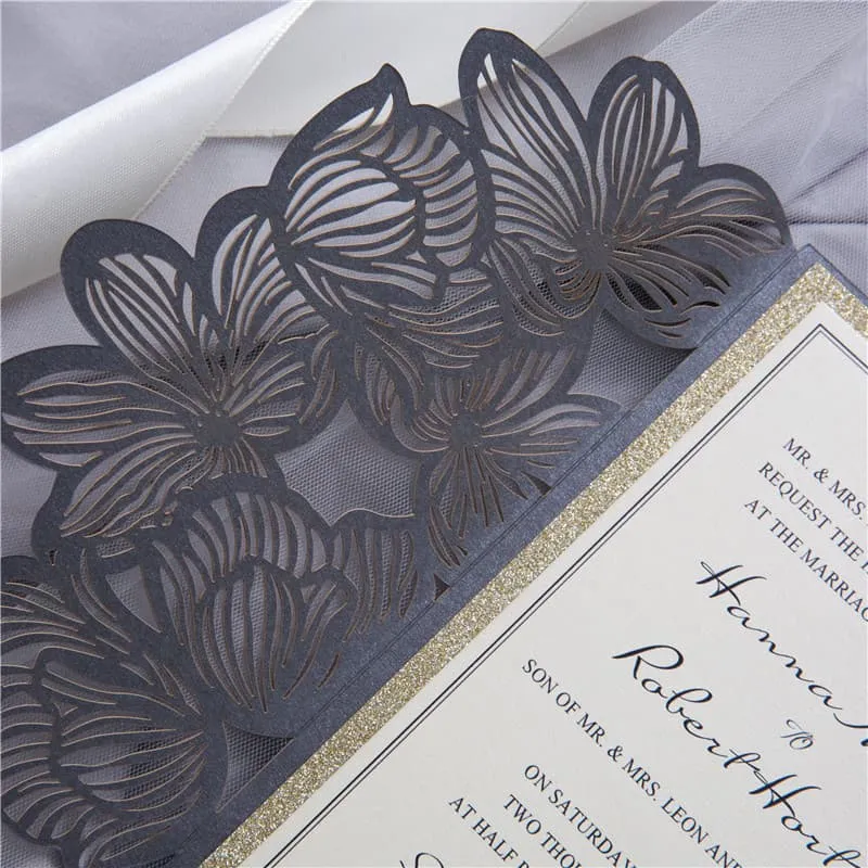 White Laser Cut Wrap with Ribbon Wedding Invitation