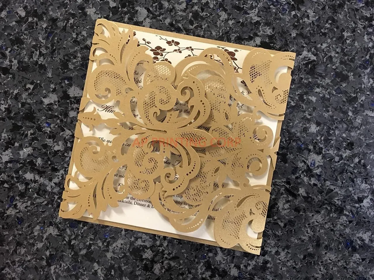 Blush Laser Cut Envelope with Glittery Border Wedding Invitation