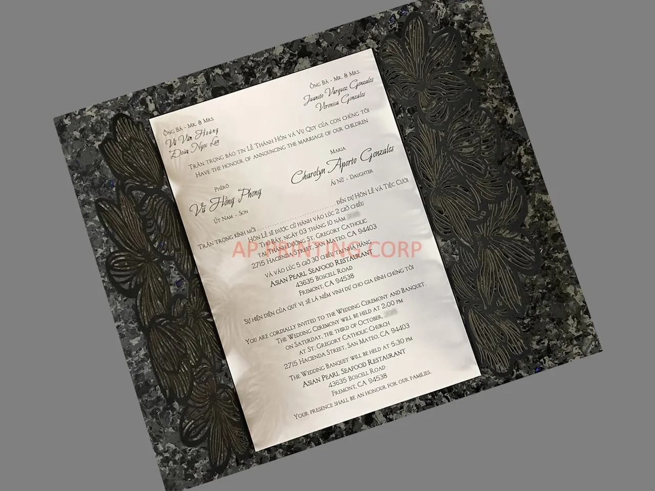 CL-PF-57 M-M Gold Heart Diamond Drop Laser Cut Wedding Invitation