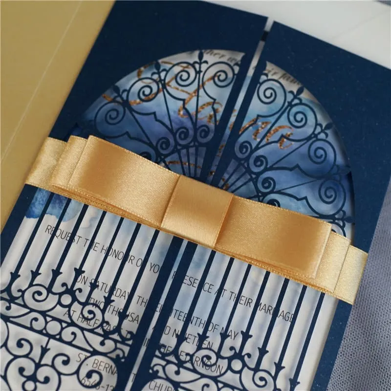 CL-WRAP-57 M-M Gold Flowers and Butterfly Wrap Laser Cut Wedding Invitation