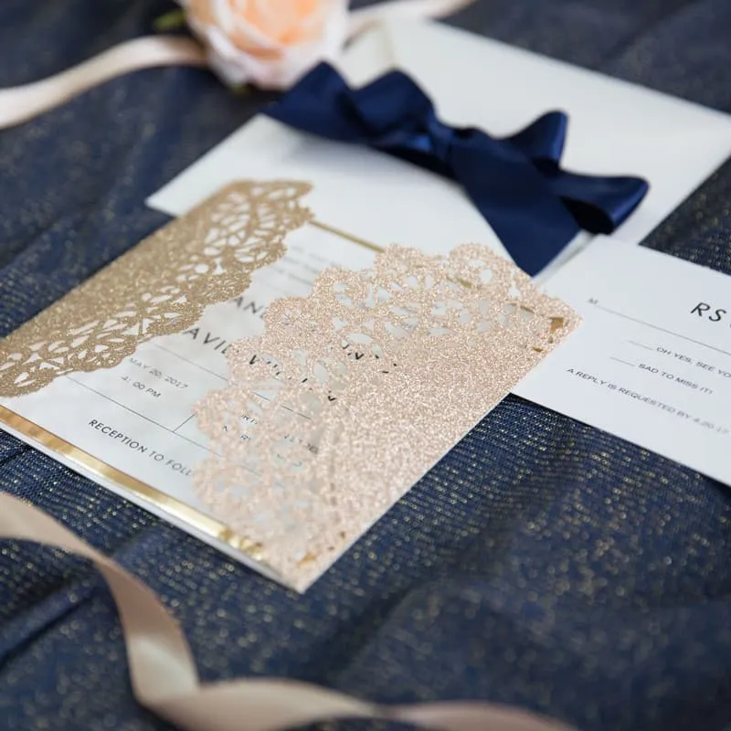 CL-WRAP-66 M-N White Brush Leaves Wrap Laser Cut Wedding Invitation