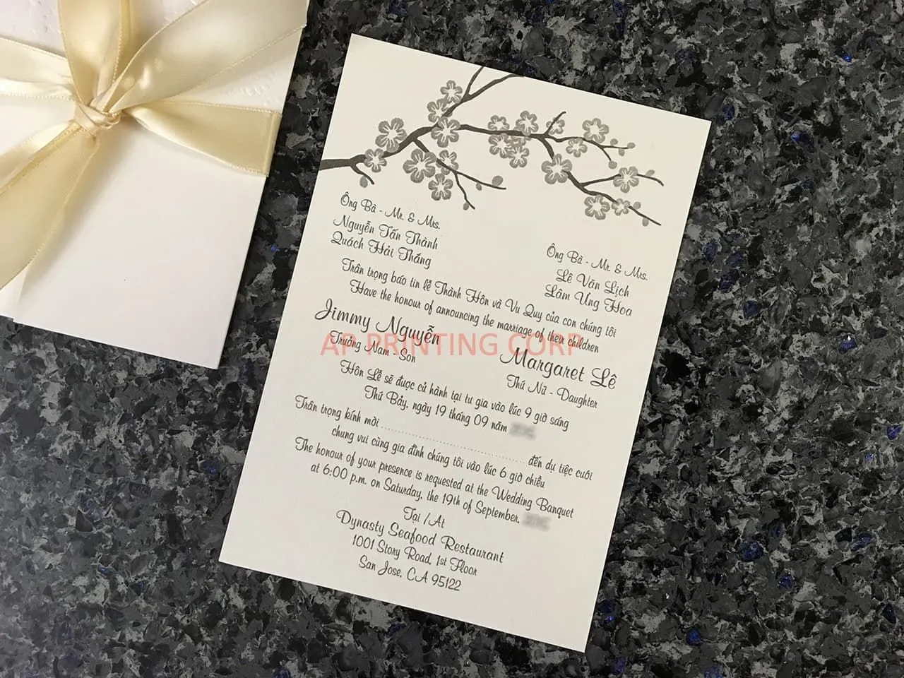 CL-WRAP-57 N-N White Embossed Peony Vietnamese & English Wedding Invitation