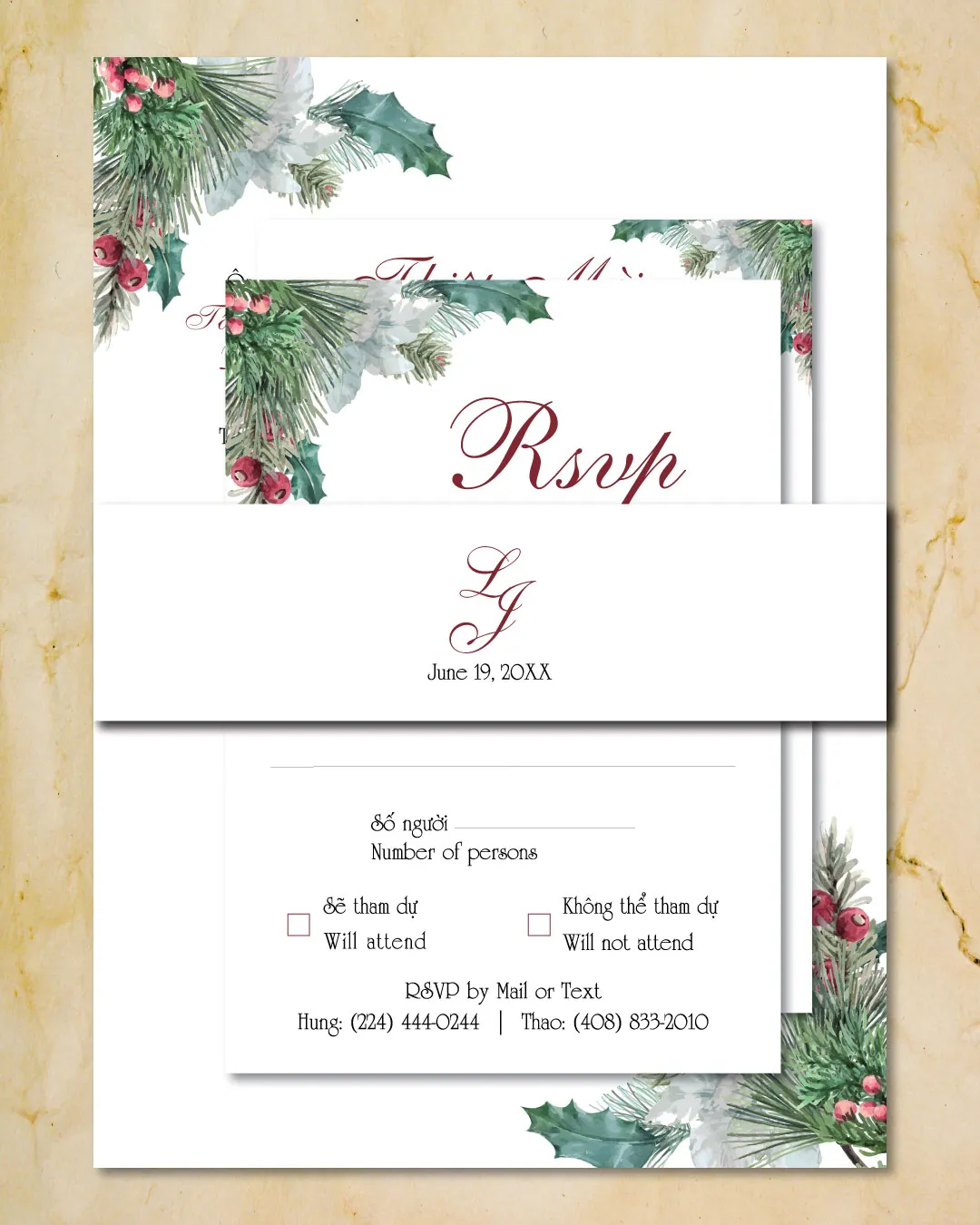 Christmas Pine Branches Simple Flat 5x7 Wedding Invitation
