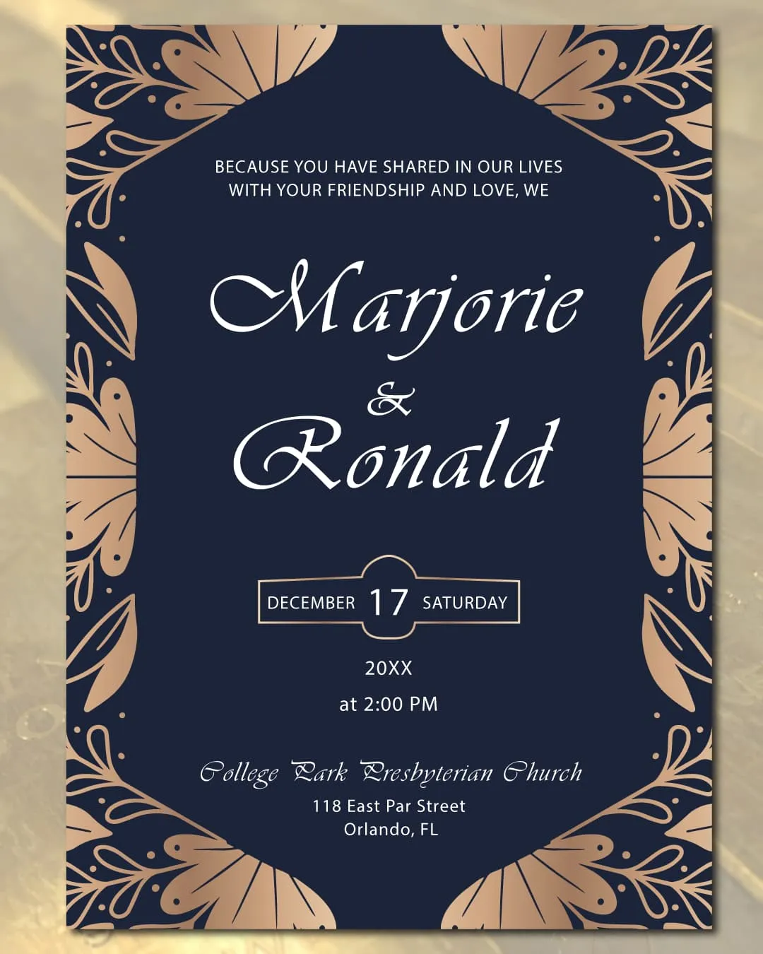 Gold Plated Leaves Simple Flat 5x7 Wedding Invitation
