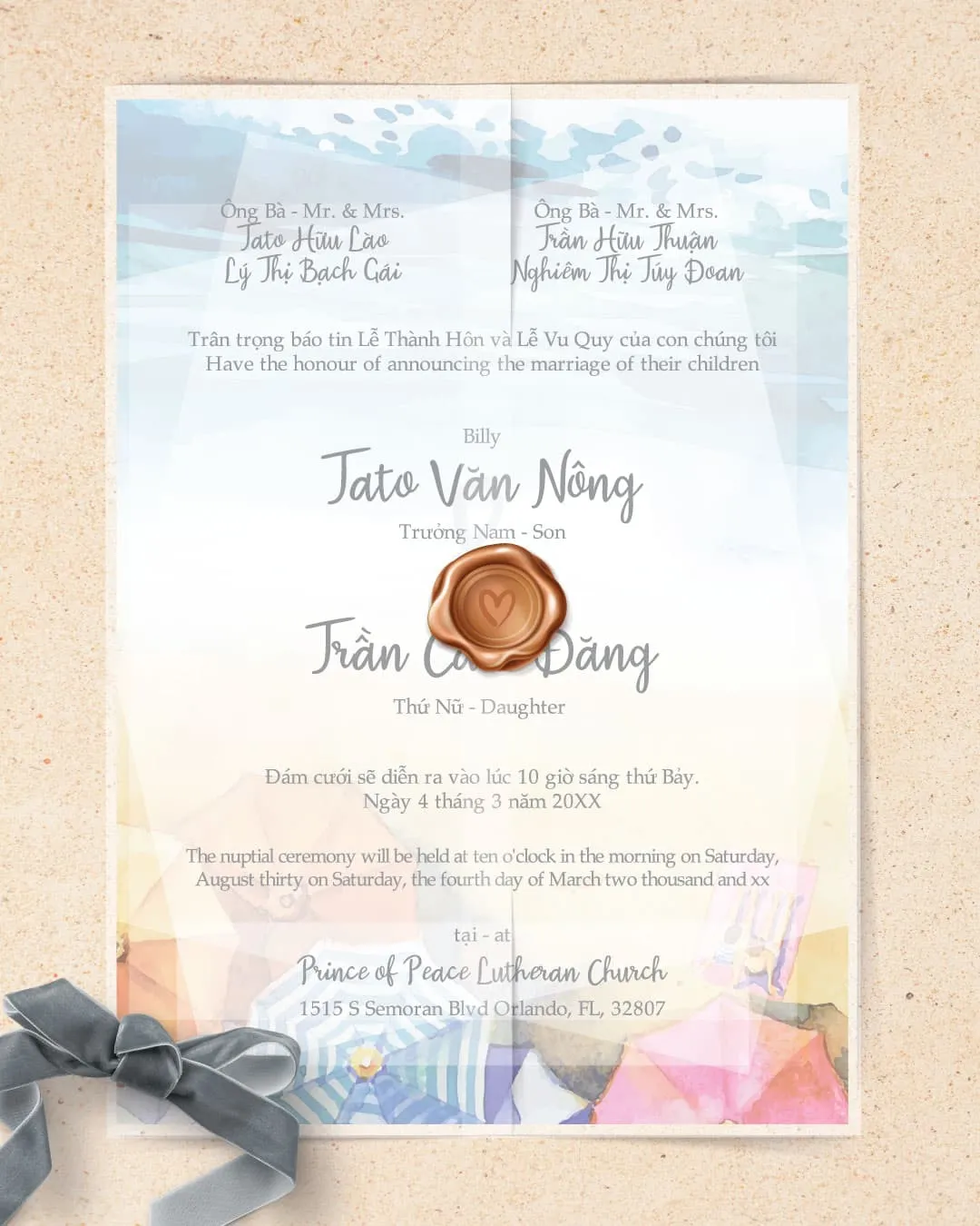 Summer Umbrellas Vellum Wrapped Vietnamese & English Wedding Invitation