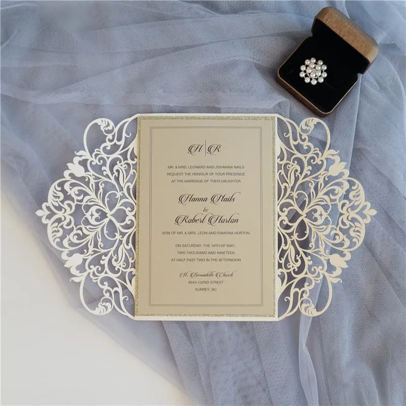 CL-WRAP-57 M-M Ivory Lotus Seeds Laser Cut Wedding Invitation