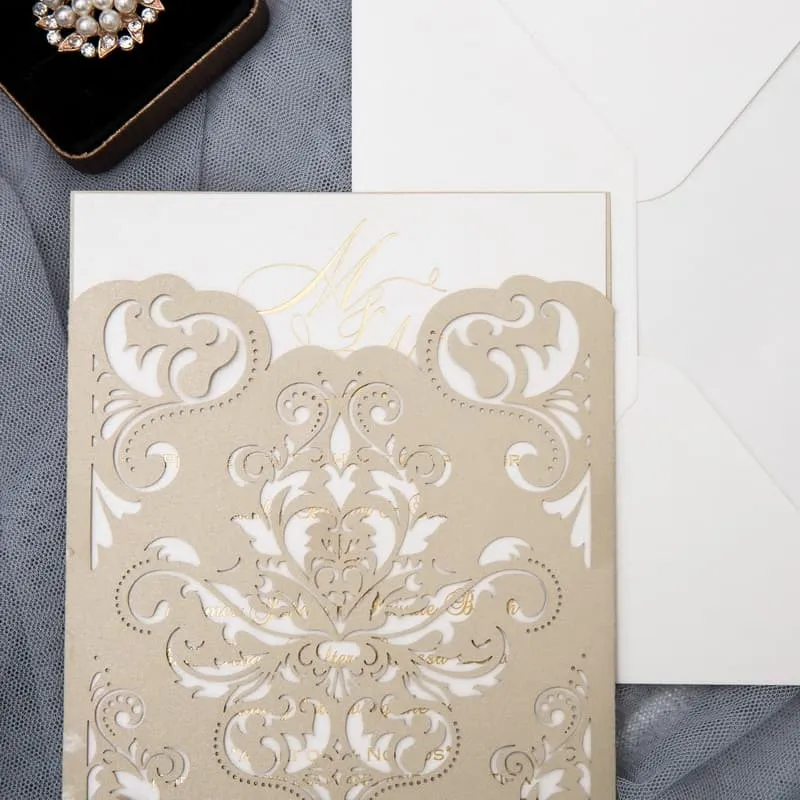Ivory Laser Cut Floral Wrap Wedding Invitation