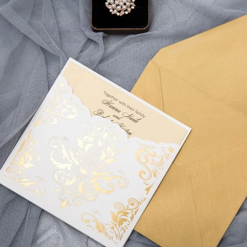 Rustic Lace Glittery Laser Cut Wedding Invitation