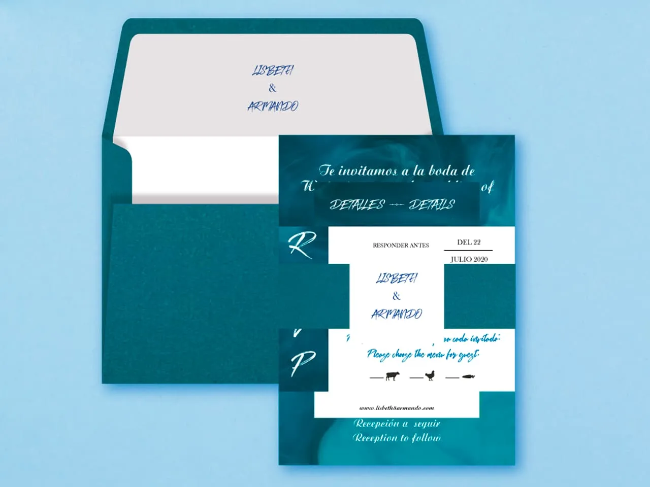 Blue Marble Spanish & English Elegant Wedding Invitation
