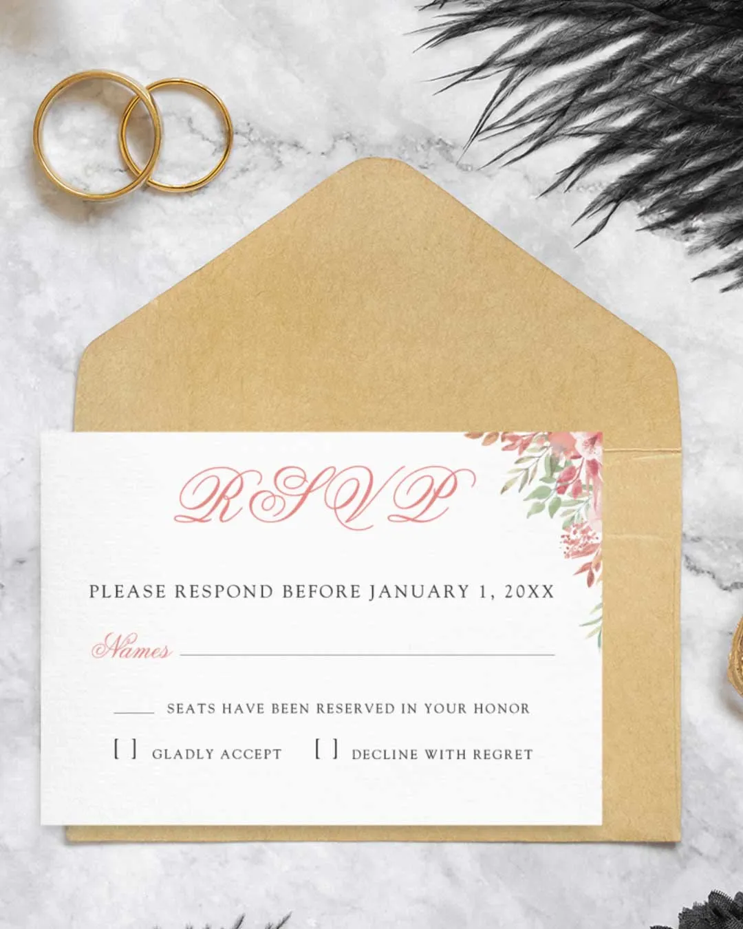 Pink Flowers Simple Flat 5x7 Wedding Invitation