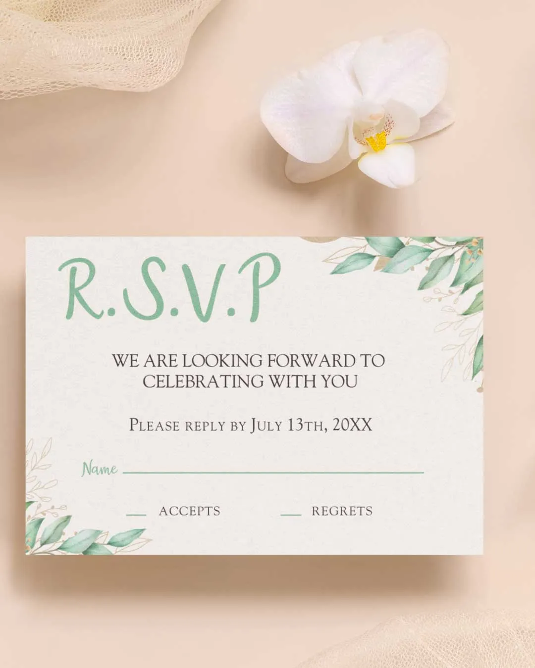 Soft Leaf Border Simple Flat 5x7 Wedding Invitation