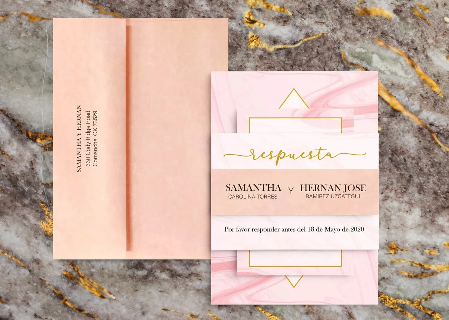Blush Pink Diamond Spanish & English Elegant Wedding Invitation