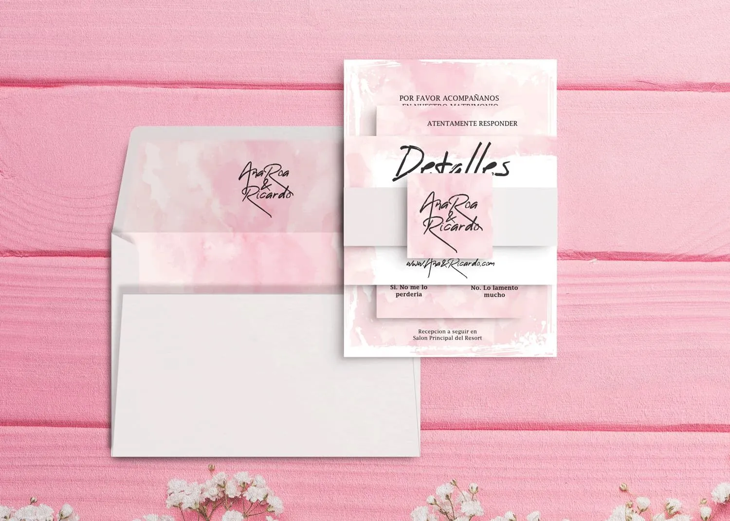 Blush Pink Strokes Spanish & English Elegant Wedding Invitation