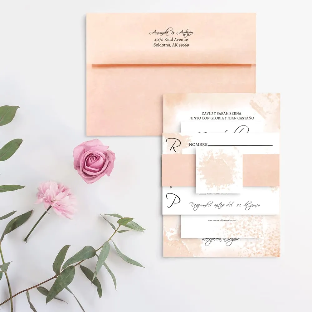 Coral Peach Strokes Spanish & English Elegant Wedding Invitation