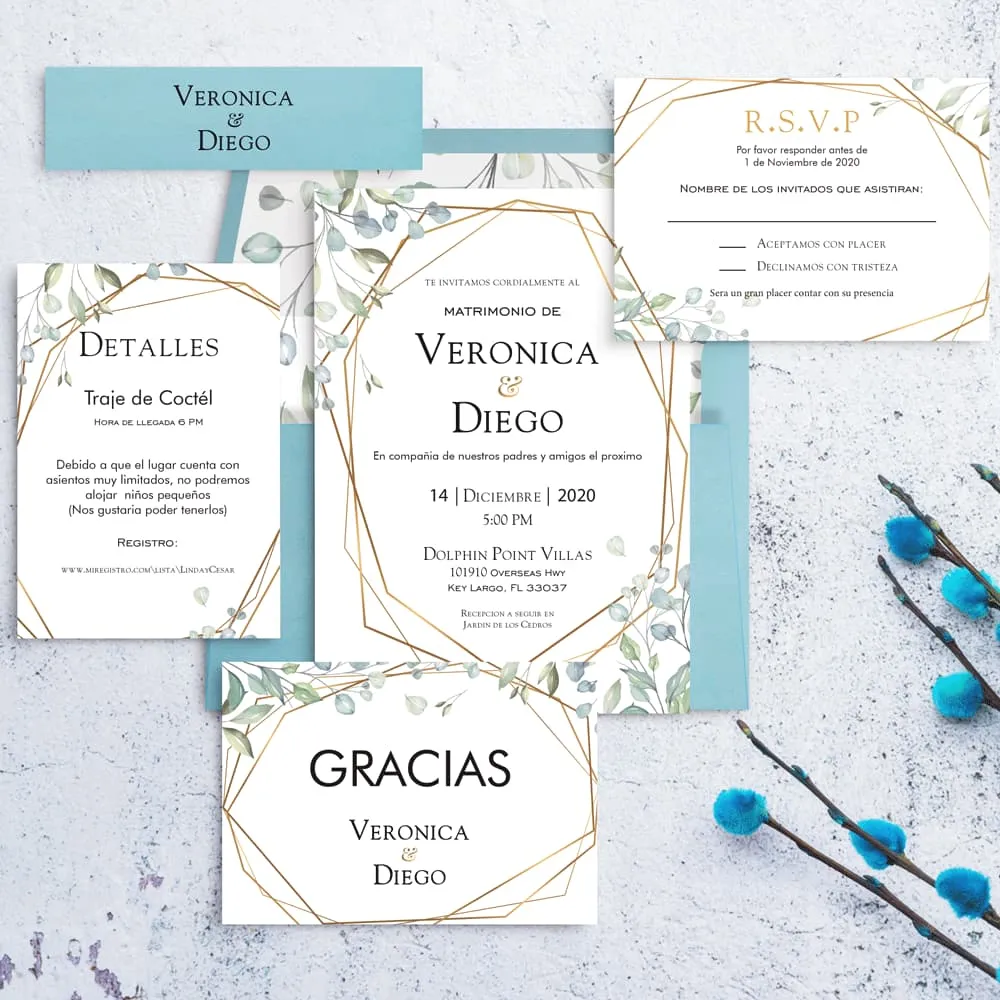 Gold Geometric Spanish & English Elegant Wedding Invitation