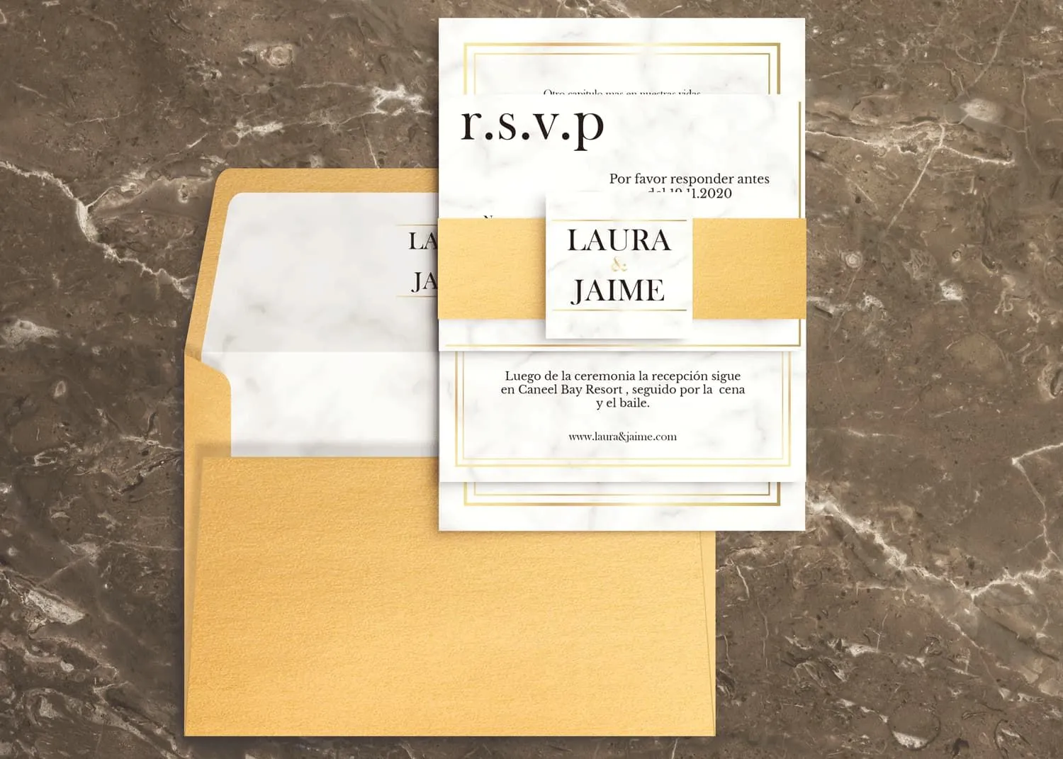 Marble with Double Gold Border Spanish & English Elegant Wedding Invitation