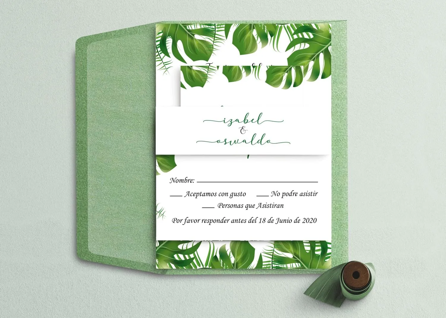 Monstera Green Leaves Spanish & English Elegant Wedding Invitation