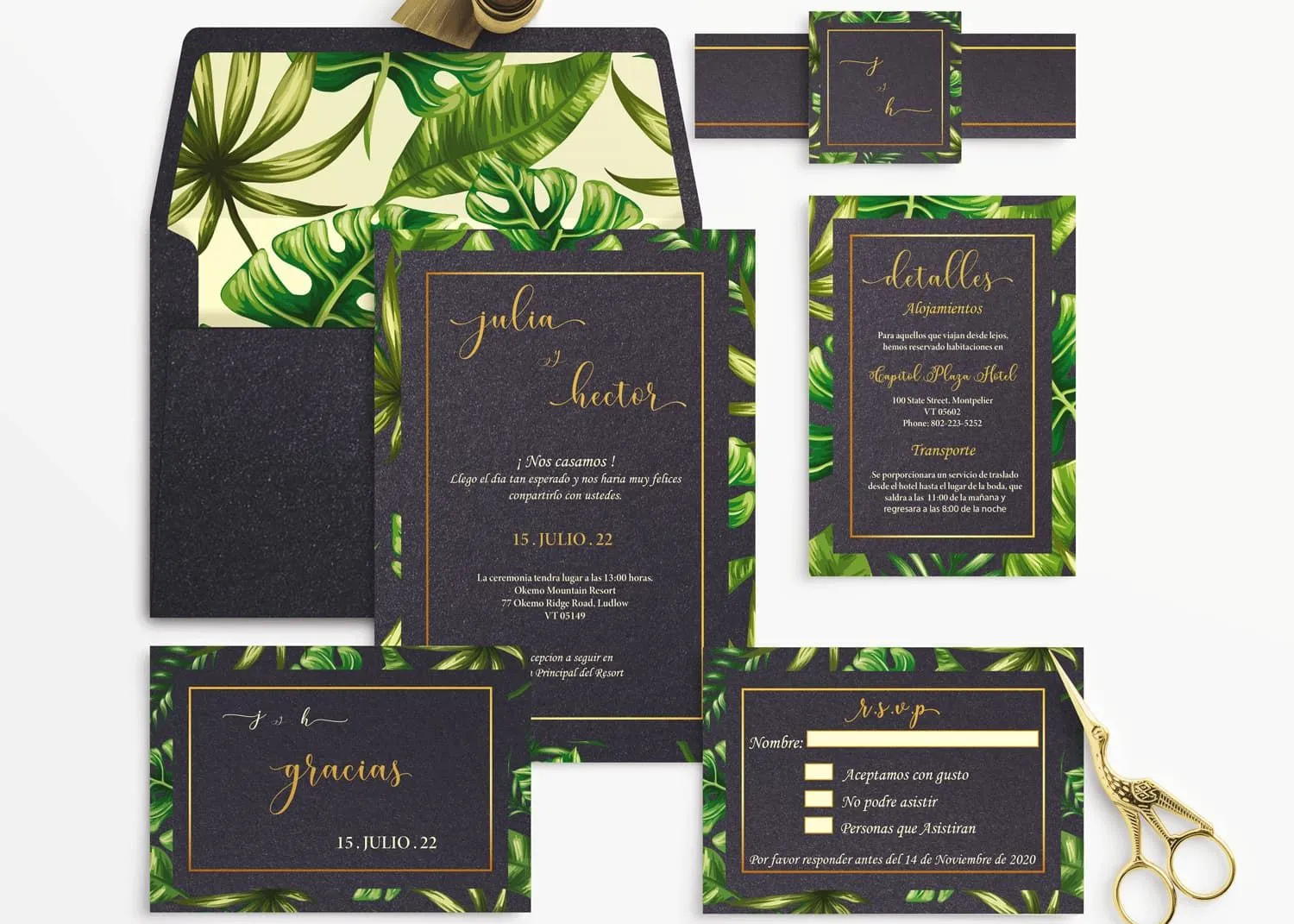 Monstera Leaf with Gold Border Spanish & English Elegant Wedding Invitation